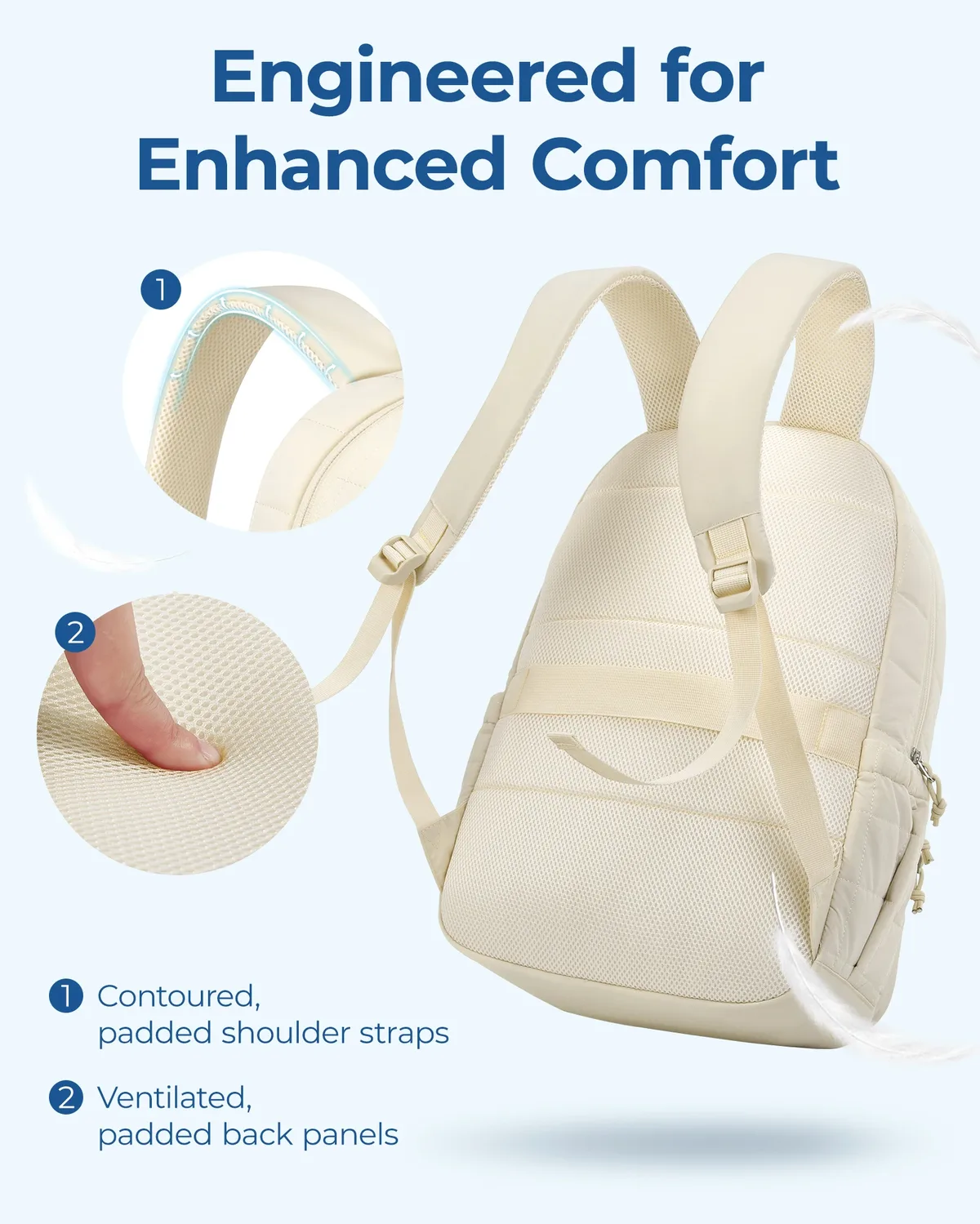 sac dos nylon beige carreaux 20 35 litres bandes soutien ventilées poignée souple compartiment téléphone portable courbe physiologique dos