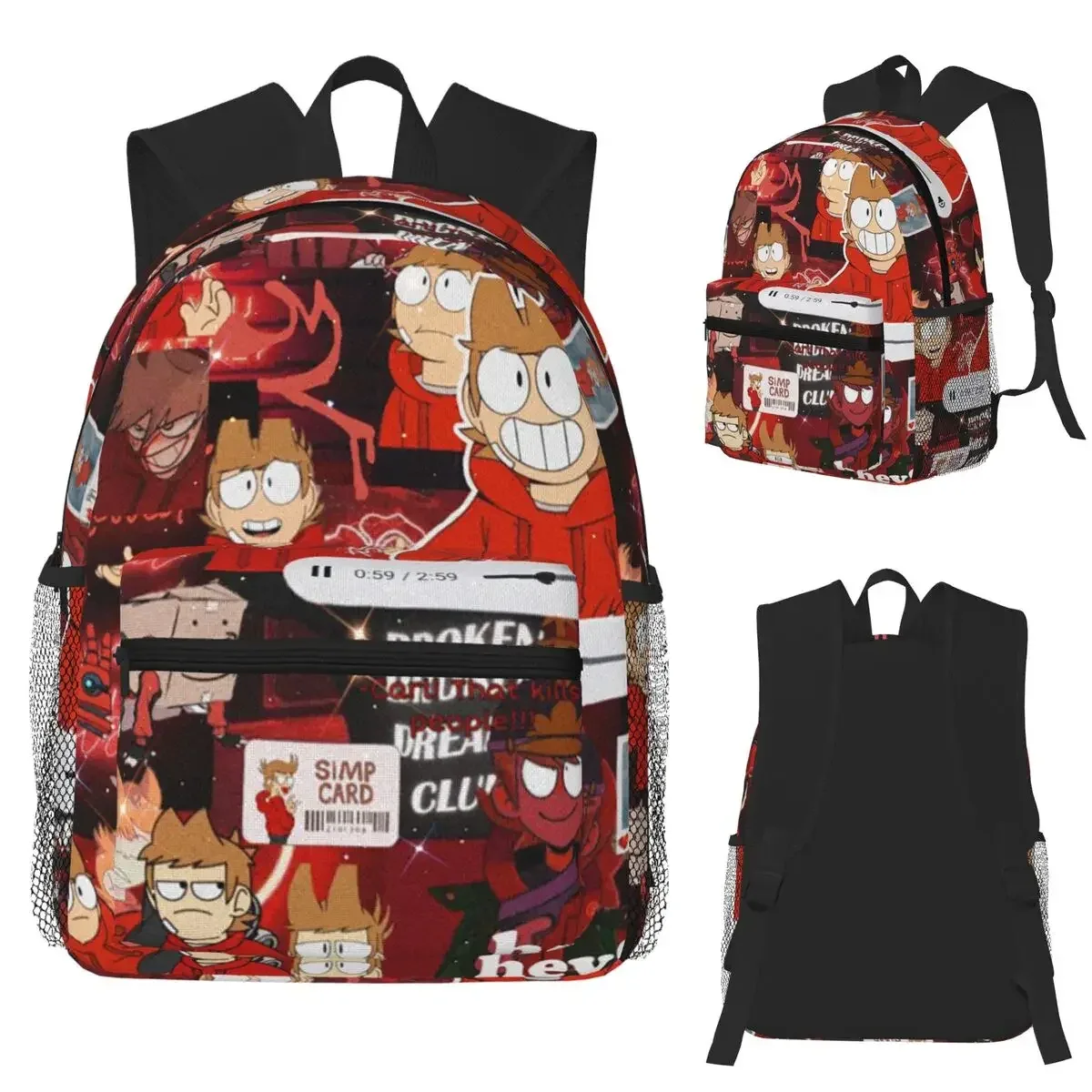 sac dos polyester rouge motif personnages animaux poignées noires poches latérales filet noir forme rectangulaire capacité 20 35 litres usage étudiant scolaire randonnée voyage