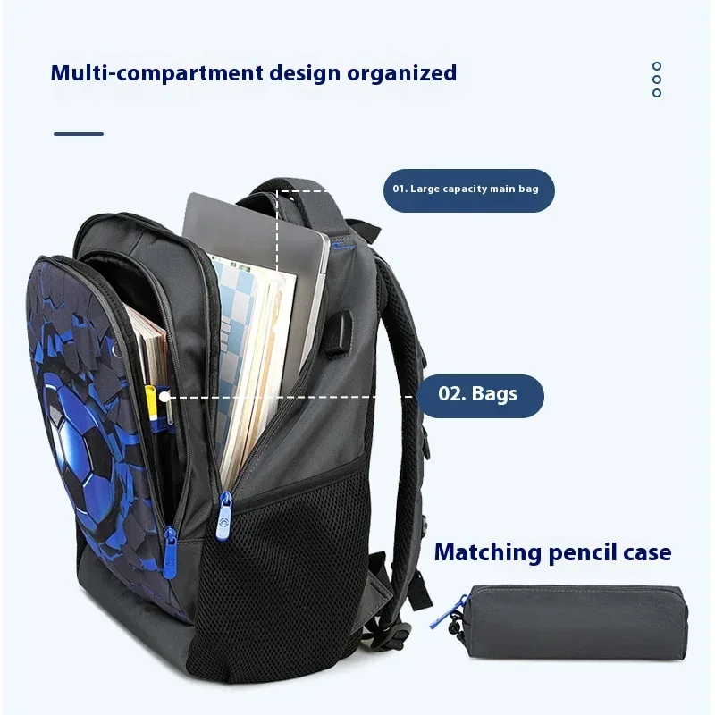 sacs à dos de football noirs pour garçons, sacs à dos orthopédiques à coque rigide pour collégiens, sacs à livres multifonctionnels avec chargeur usb