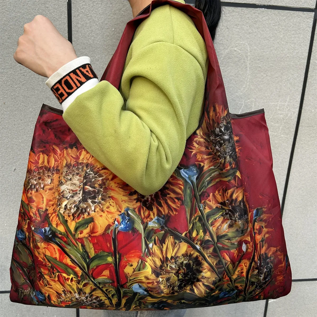 sac fourre-tout pliable de grande capacité, style peinture vintage, sac de courses durable en nylon résistant aux déchirures, lavable en machine