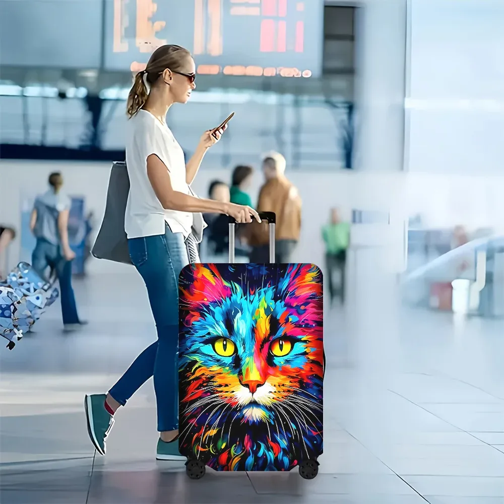 housse valise polyester motif chat yeux jaunes couleurs vivantes poignées rouges noires protection voyage