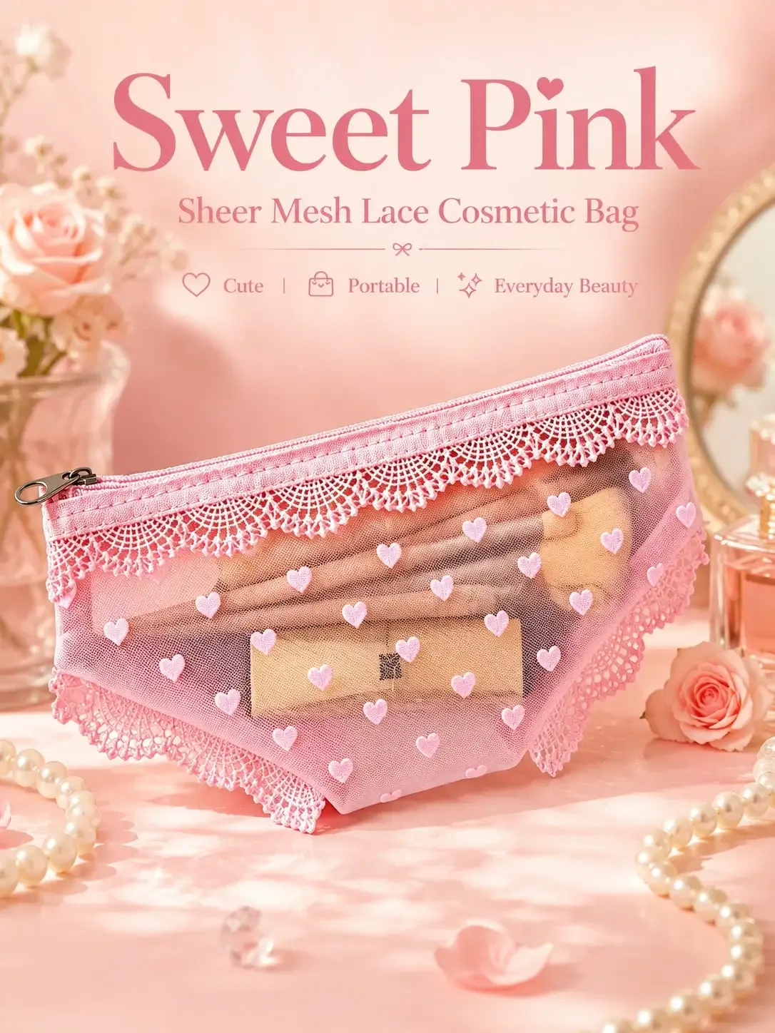 pochette de maquillage transparente et sexy en dentelle, pochette de maquillage portable pour voyage, adaptée pour l'eyeliner, les pinceaux de maquillage, le rouge à lèvres, les produits de soin de la peau, les écouteu