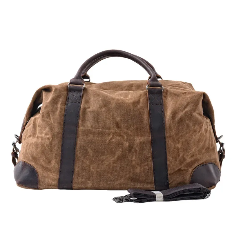 sac de voyage de style rétro européen et américain, fabriqué en toile imperméable cirée et en cuir de vache, grand sac de week-end pour hommes.