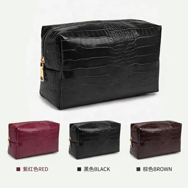 pochette de maquillage en pu gaufré crocodile pour femmes, étanche, structurée, organiseur de rangement haut de gamme non pliable