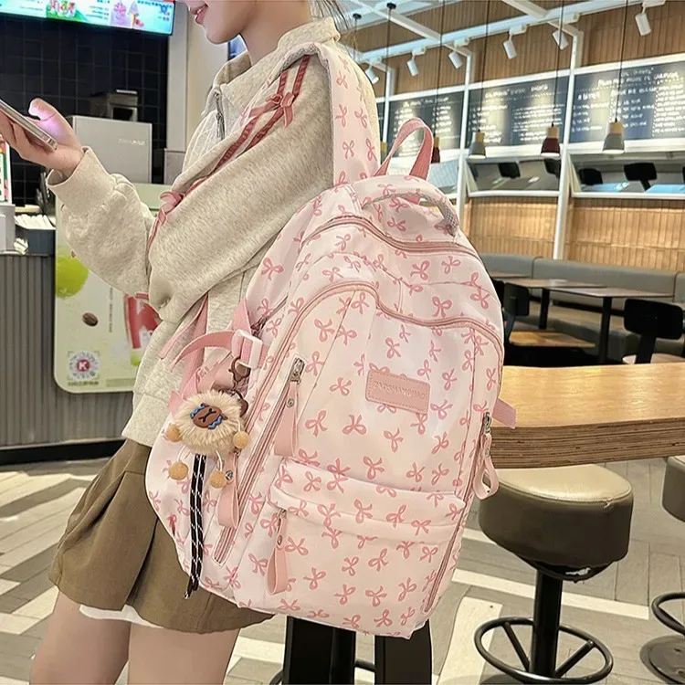sac à dos en nylon style écolière jeune, capacité 20-35l pour ordinateur portable 14 pouces, motif nœud papillon, bandoulière en arc