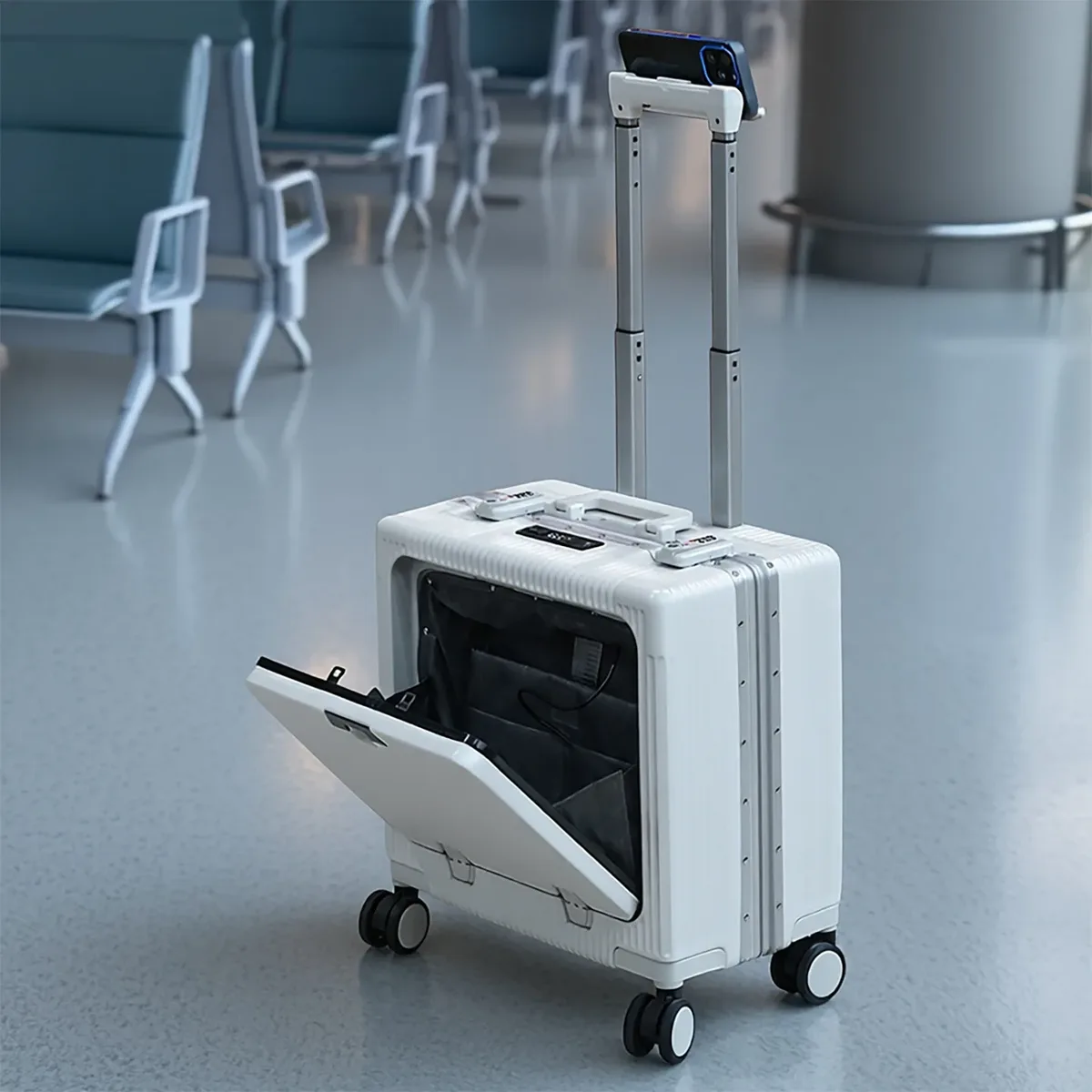 valise de poche à ouverture avant de 18 pouces, cadre en alliage d'aluminium, bagages roulants, sacs de chariot de voyage d'embarquement avec roue rotative