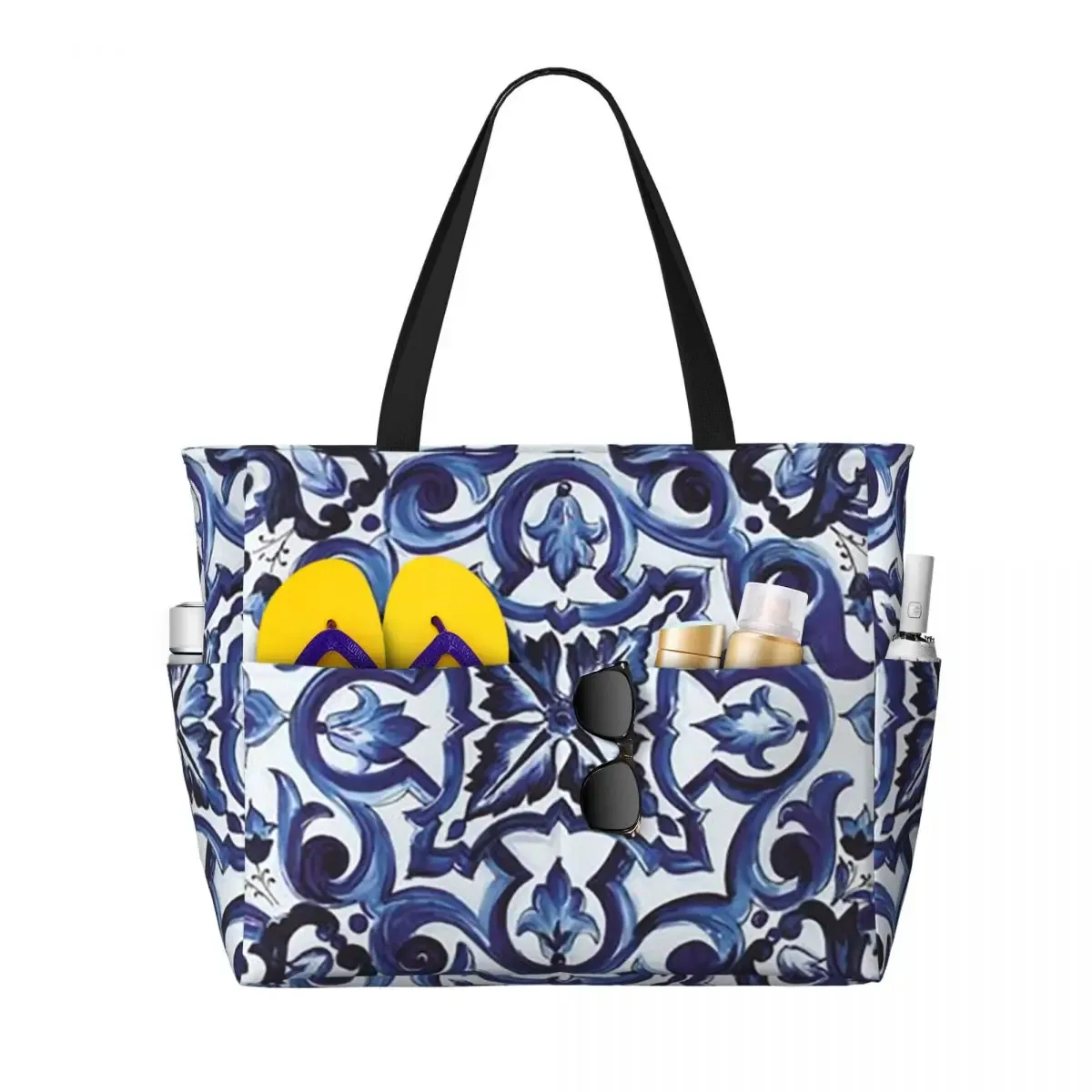 sac fourre-tout bleu orné de motifs floraux, style carreaux siciliens méditerranéens, pour la plage, le sport, la gym, le yoga, grand sac de voyage pour femme, sac de fitness