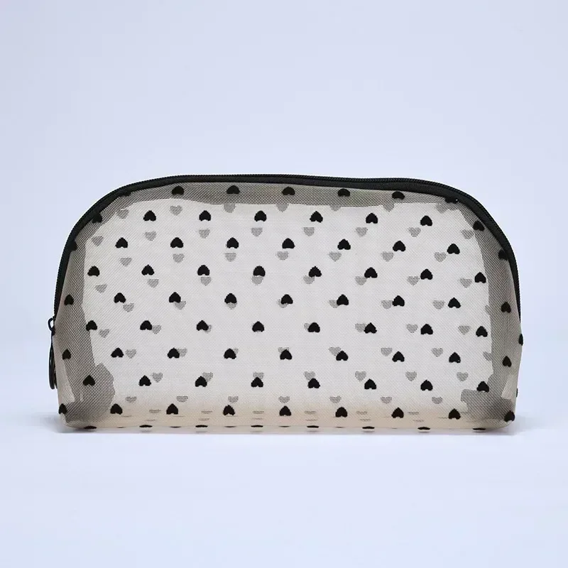 sac à cosmétiques en maille de nylon, organisateur de toilette en forme de cœur à fermeture éclair, sacs de maquillage multifonctionnels pour femmes, rouge à lèvres, clé, porte-monnaie