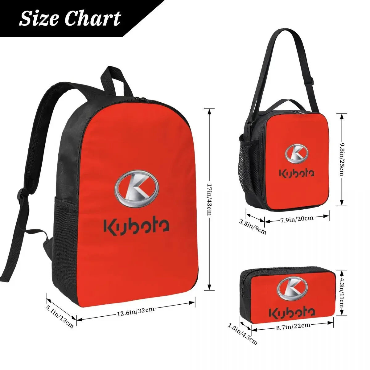 kubota tracteur sac à dos étudiant garçons filles bookbag sac d'école ordinateur sacs à bandoulière 3ps sac à déjeuner isolé trousse à crayons