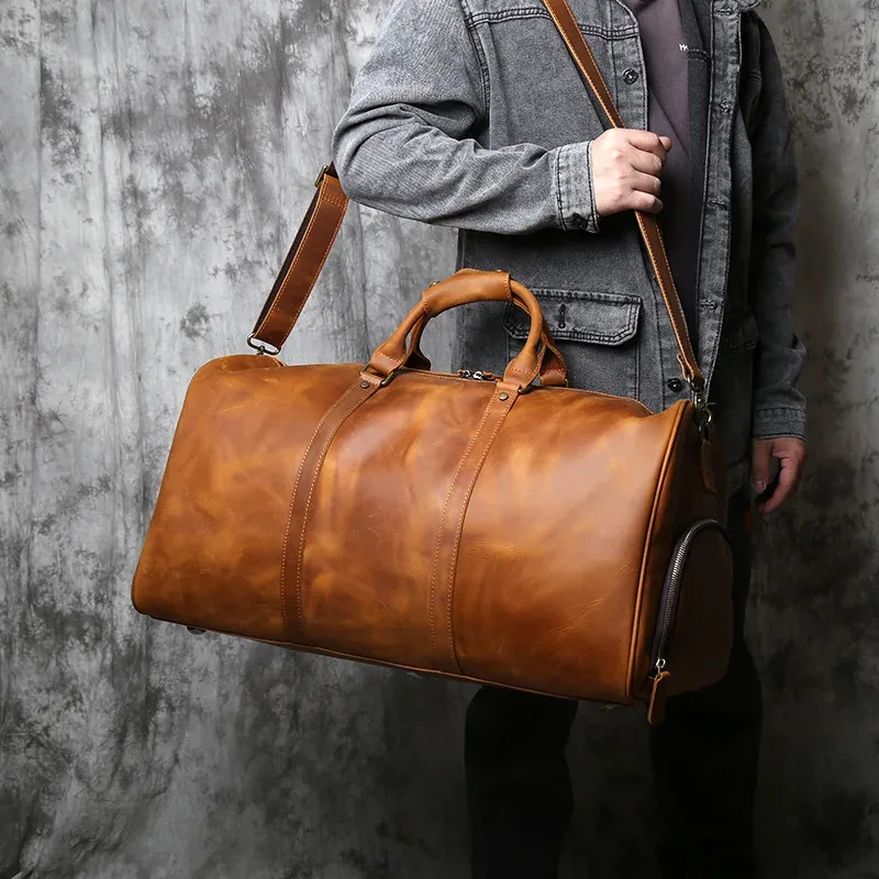 nzpj – sac à main rétro en cuir de cheval fou pour hommes, sac de voyage de grande capacité, sac à bandoulière avec couche supérieure en cuir de vache