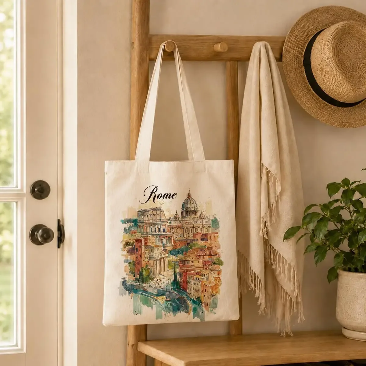sac fourre-tout en toile aquarelle rome, imprimé paysage urbain italien, réutilisable, écologique, sac à bandoulière pour le shopping, cadeau de voyage