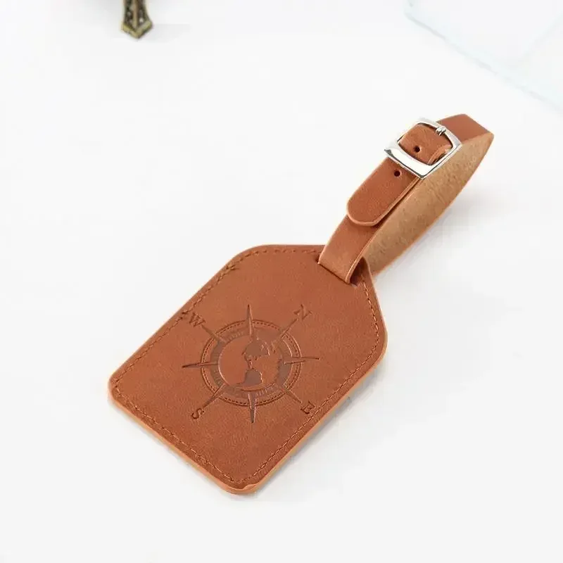 étiquette bagage cuir apparent visage chat gravé bleu marine voyage accessoire identification nom adresse