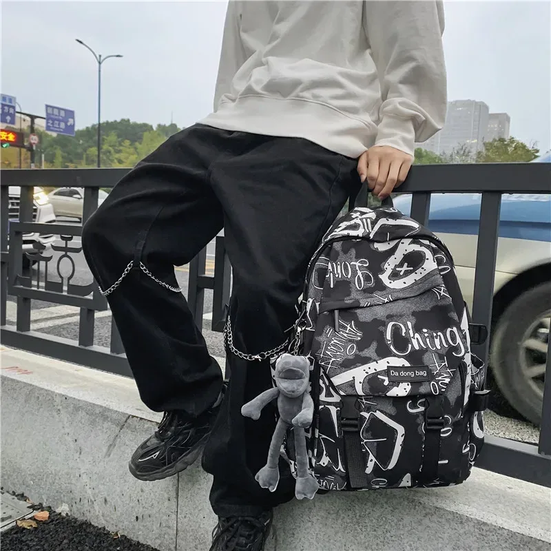 sac dos toile polyester camouflage géométrique brodé ceinture air black white blue voyage décontracté