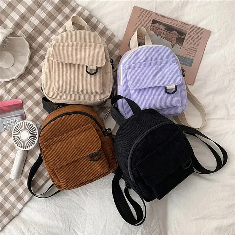 mini sac à dos en velours côtelé pour femme, cartable pour femme, monochrome, grande capacité, durable, simple, décontracté, voyage, document, mode