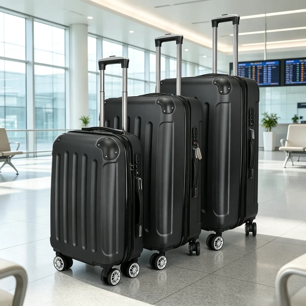 ensemble de bagages 3 pièces avec valises rigides, sacs de voyage légers en abs avec serrure tsa et 4 roulettes pivotantes, ensemble de valises moyennes et grandes format cabine, noir/gris