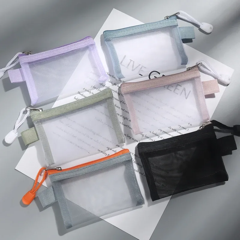sacs de rangement de cartes en maille de nylon, mini grille transparente, porte-carte de crédit, pochette à fermeture éclair, petit portefeuille de monnaie de voyage, sac de fichiers