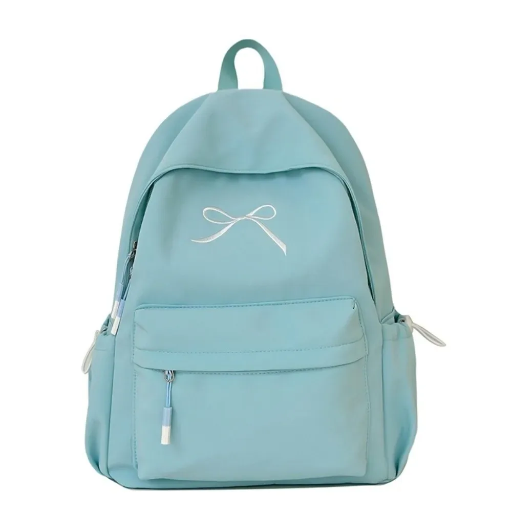 sac à dos portable avec nœud brodé pour filles, cartable en nylon de couleur unie pour étudiants, sac à dos de voyage léger de grande capacité
