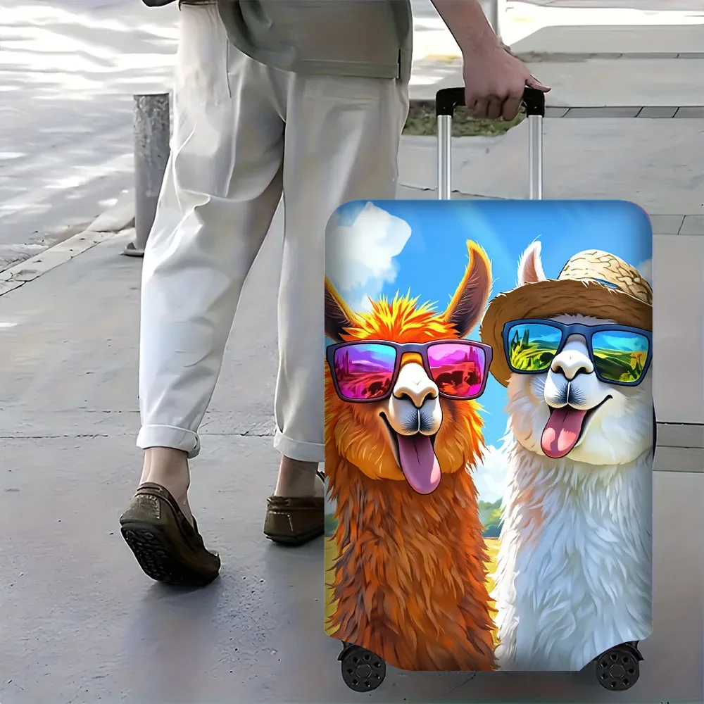 housse valise polyester motif alpagas joyeux lunettes chapeau nuages bleus orange blancs protection voyage taille variable