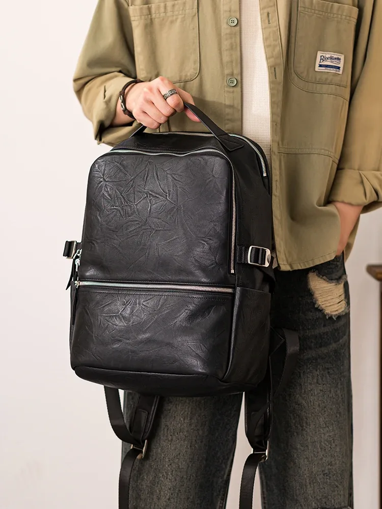 pndme voyage en plein air de haute qualité en cuir véritable hommes noir sac à dos mode décontracté luxe en cuir de vache ordinateur sac à dos