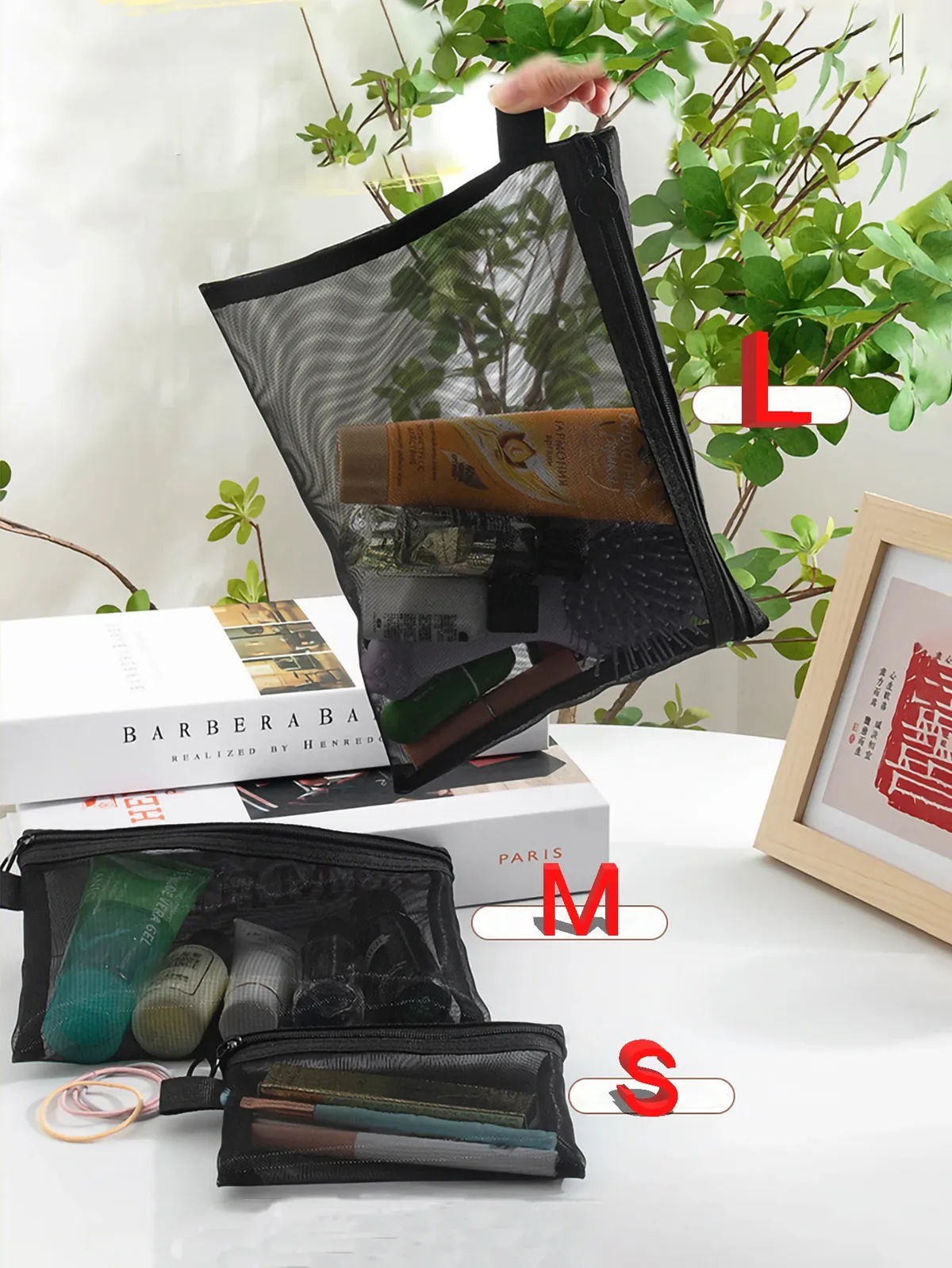sacs à cosmétiques transparents en maille pour femmes, trousse de maquillage noire, étui de rangement de toilette de voyage portable, pochette de rangement de rouge à lèvres, cadeau, 1/3/5 pièces