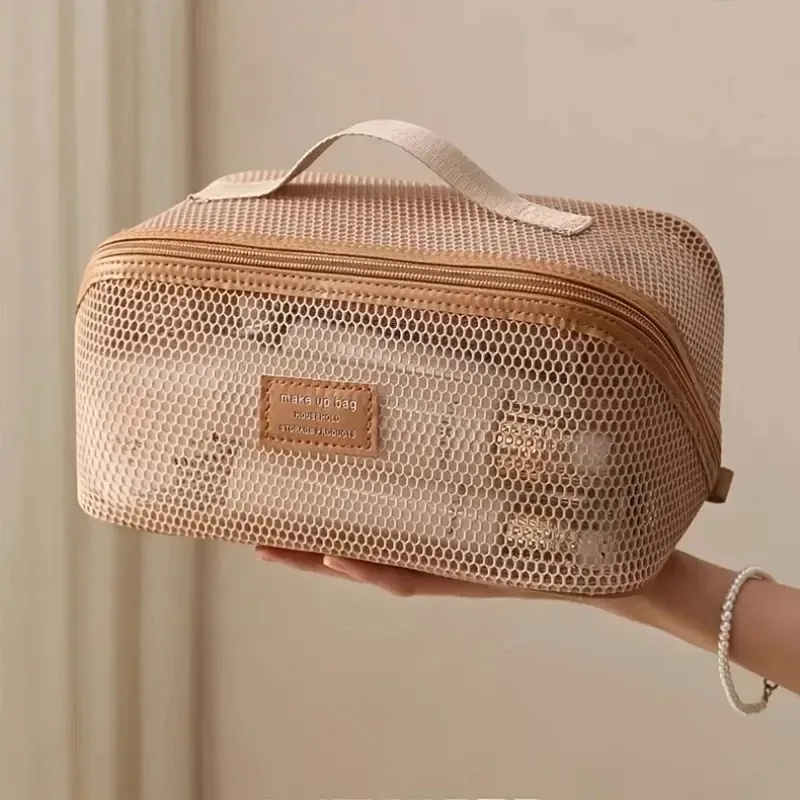 sac de maquillage à main en maille de grande capacité, fermeture éclair, multicouche, maille transparente, sac à cosmétiques, étui de rangement carré