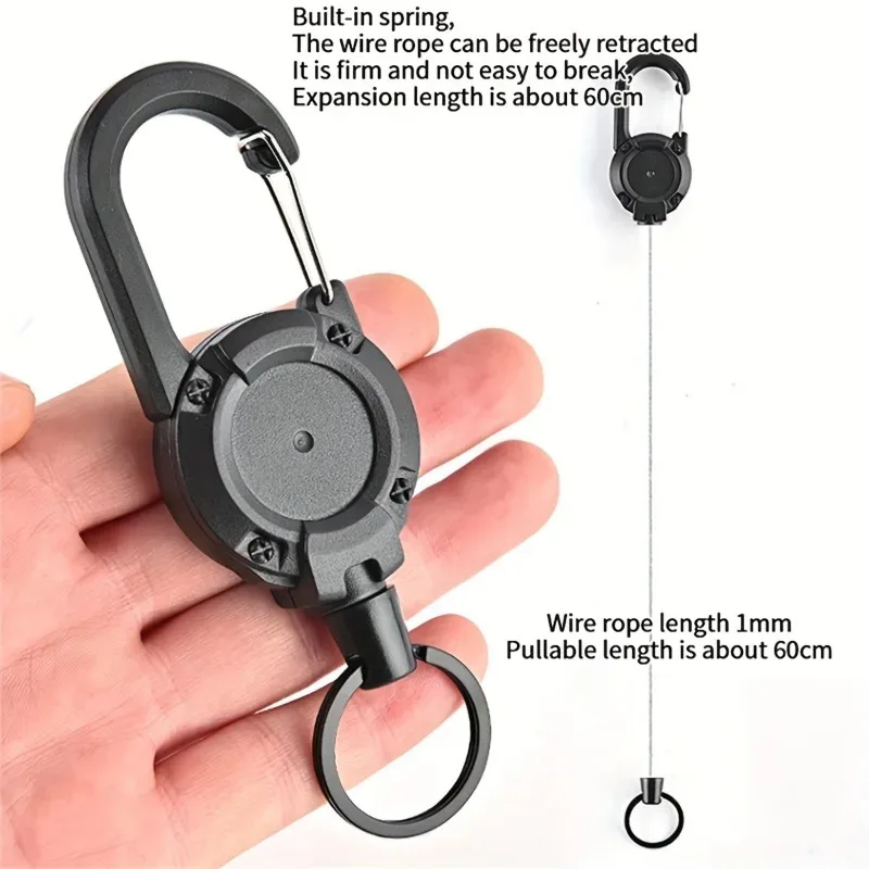 cadenas crochet métal noir porteclé rétractable tige anneau poignet ressort ceinture sac dos militaire usage voyage