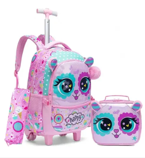 sac à dos scolaire à roulettes, ensemble de 3 pièces, sac à déjeuner, sac à stylos, sac à dos d'école à roulettes pour filles, ensemble de sacs à roulettes avec sac à déjeuner