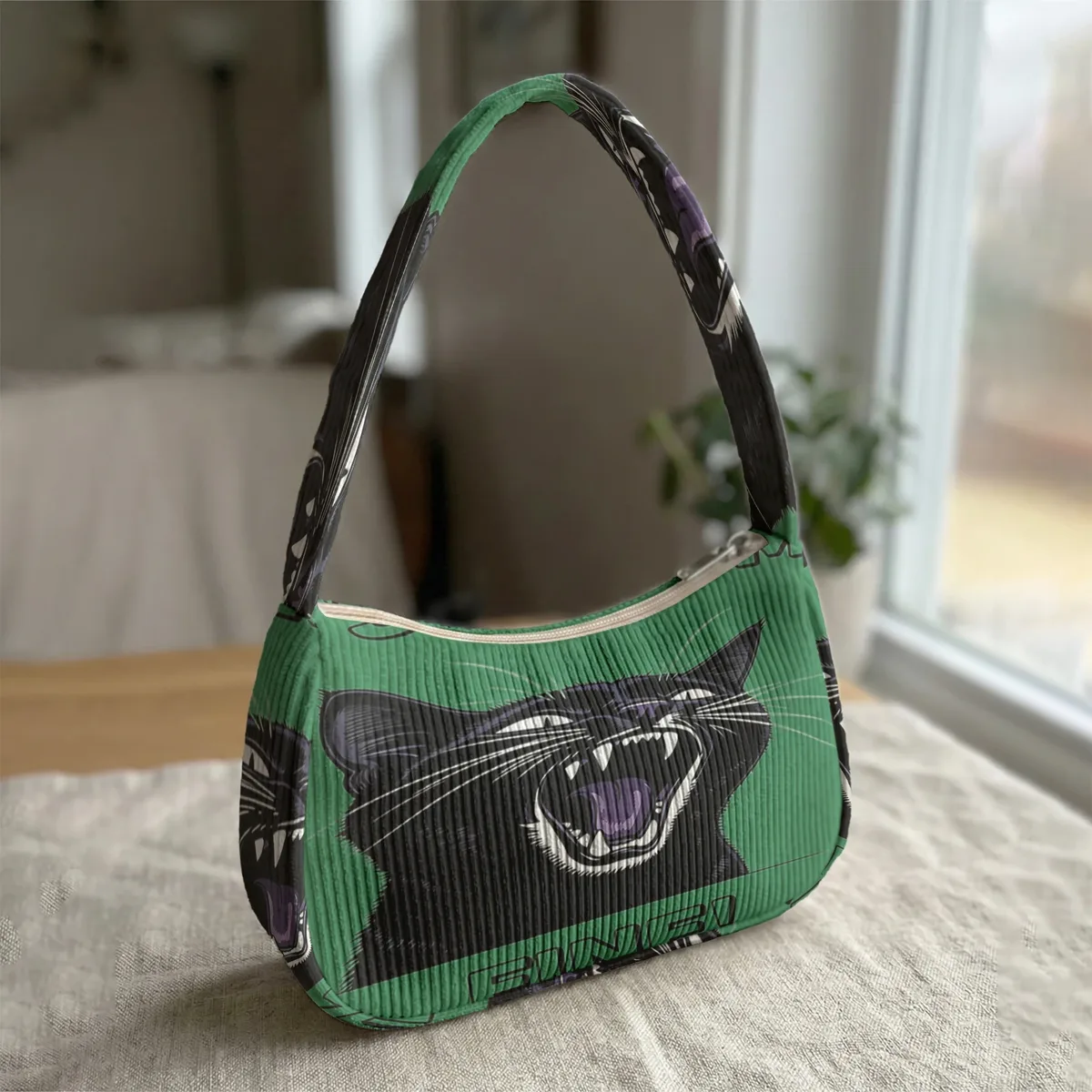 sac à bandoulière tendance imprimé chat noir en colère, sac sous le bras en velours côtelé pour un usage quotidien décontracté