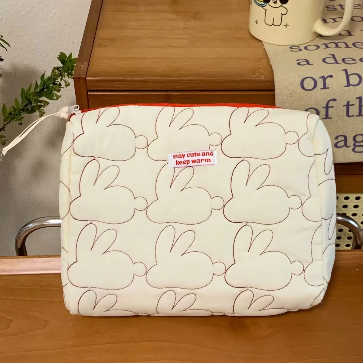 ins – sacs de maquillage à fermeture éclair de grande capacité, étuis à cosmétiques en coton matelassé lapin, pochette de rangement de voyage mignonne, organisateur pour femmes, sac à main