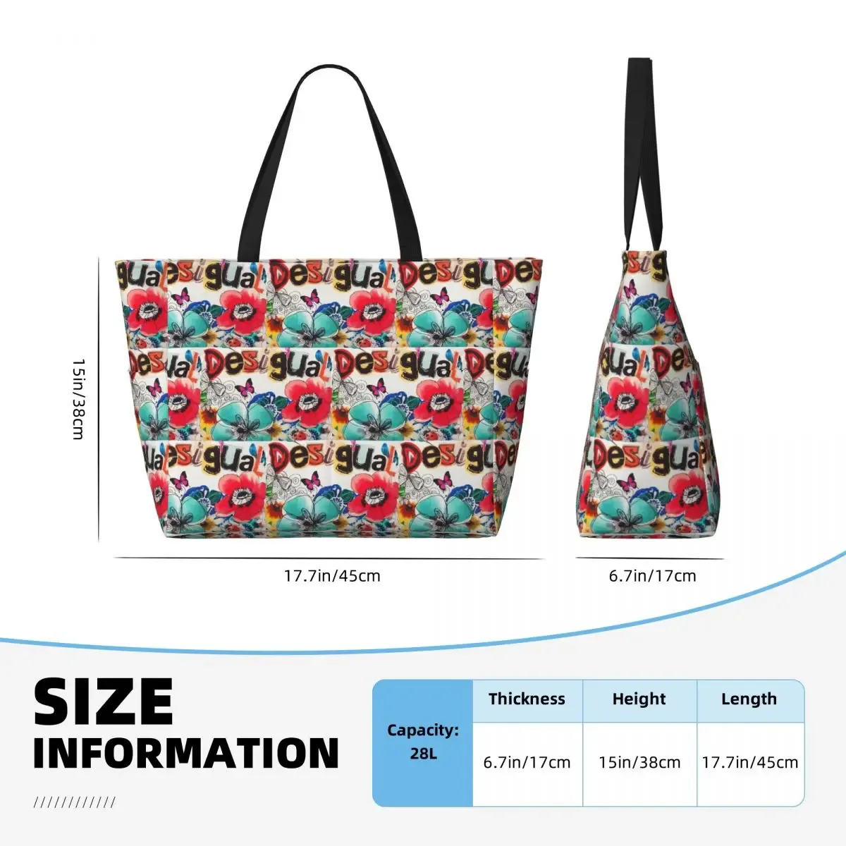 sac voyage polyester imprime animaux fleurs rouges bleues lettres desigual poignées noires grande rectangulaire