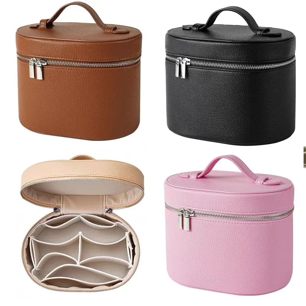 organisateur voyage polyester compartiment maquillage poignée amovible grainé cuir ovale grande capacité bleu noir beige