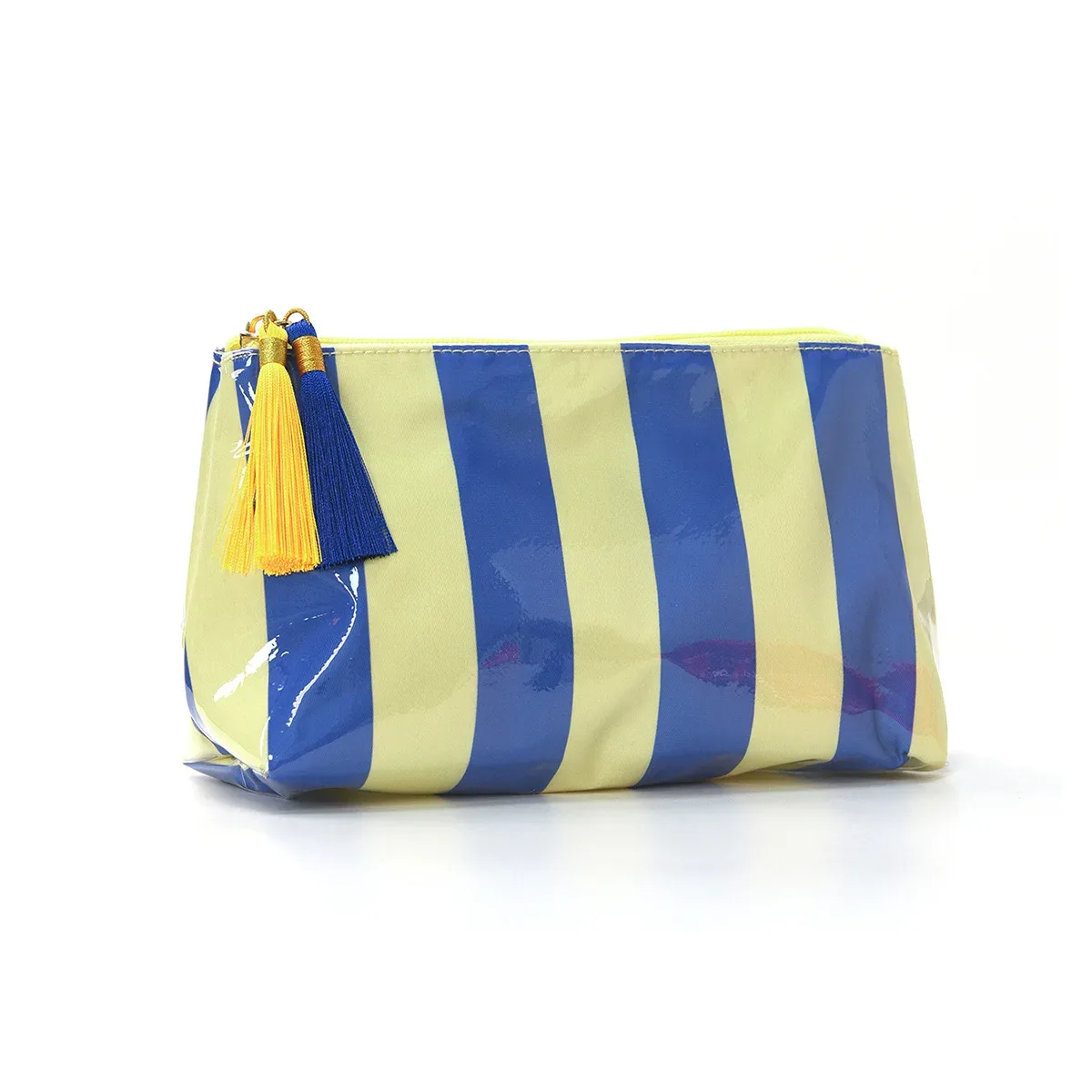 nouvelle trousse de maquillage rayée 2026 avec fermeture éclair et pompon, pochette de rangement imperméable pour cosmétiques et articles de toilette de voyage