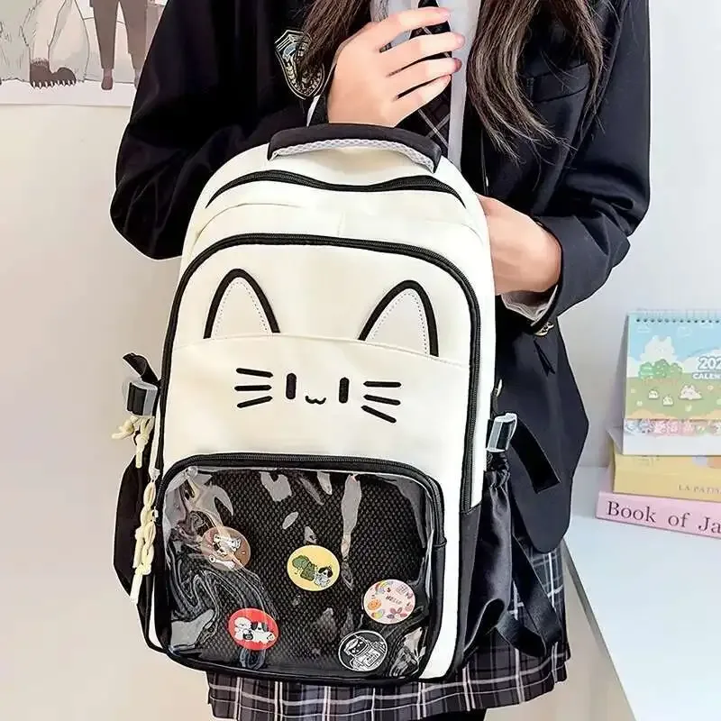 sacs à dos y2k mignons motif chat, grande capacité, sac à dos décontracté pour fille, sac à dos transparent diy, cartable de voyage tendance à motif dessin animé