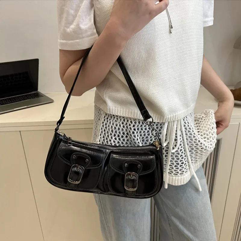 sac à bandoulière en cuir pu pour femmes, petit sac à double poche, sacs sous le bras pour dames, sacs à main vintage y2k, pochette