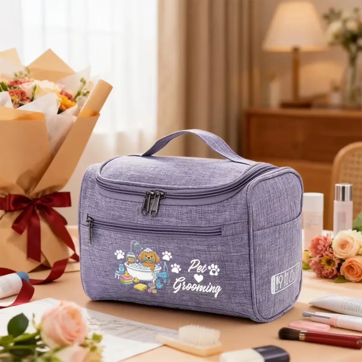 sac de voyage pour toilettage des animaux, organisateur d'accessoires pour animaux de compagnie avec motif de bain de chien mignon, pochette suspendue portable pour accessoires de toilettage