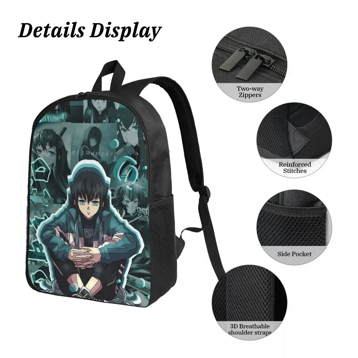 muichiro tokito sac à dos étudiant garçons filles bookbag sac d'école ordinateur portable sacs à bandoulière 3ps sac à déjeuner isolé trousse à crayons
