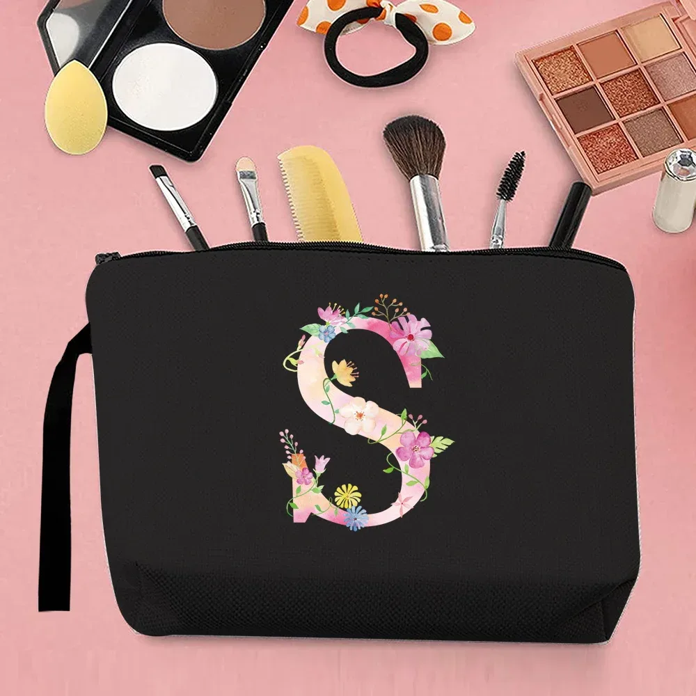 trousse de maquillage pour femmes, trousse de maquillage portable, trousse de maquillage de voyage pratique, sac à main en toile, motif de lettres roses, organisateur de bijoux