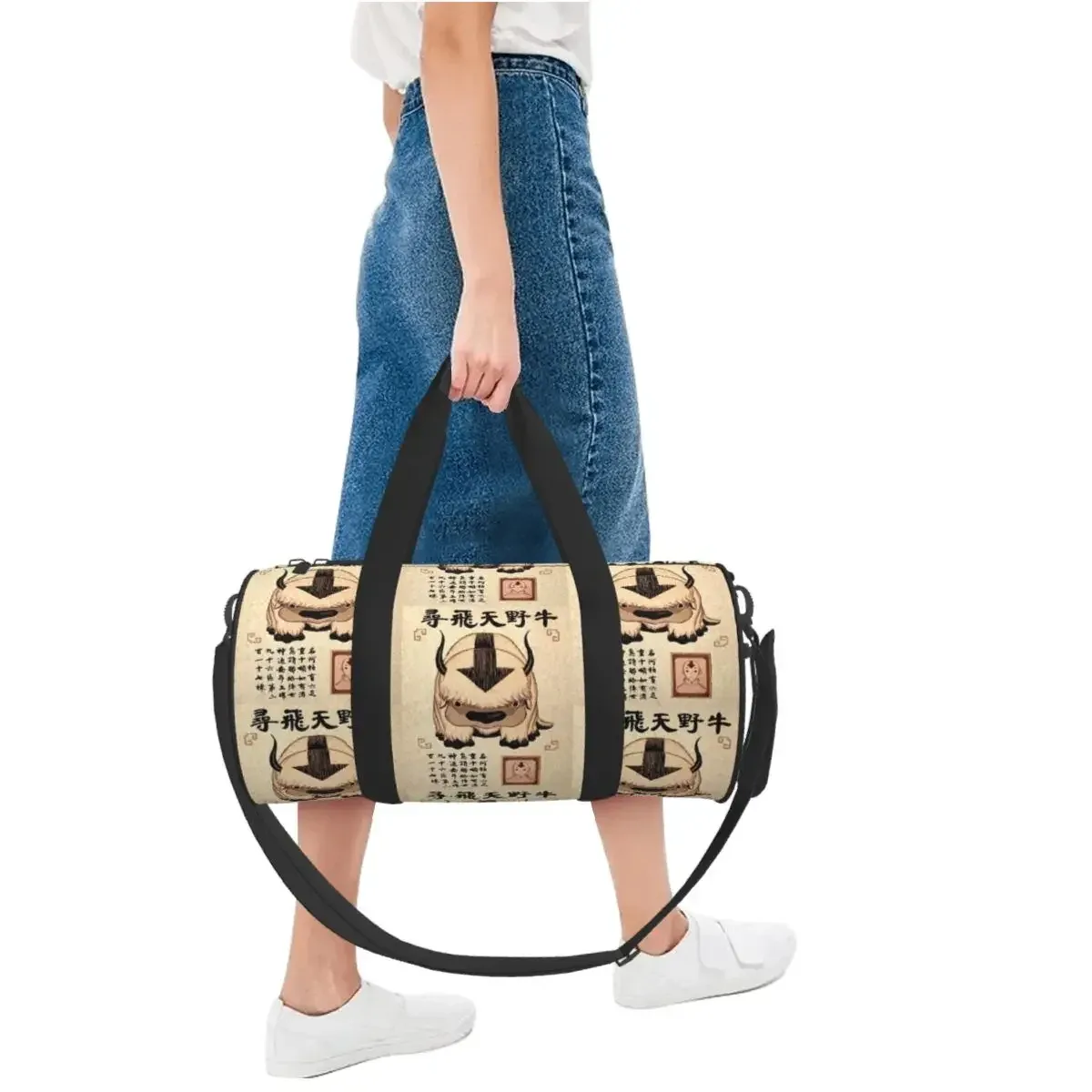 sac voyage polyester motif bœufs stylisés poignée amovible bande épaule usage week end sport cylindrique durabilité