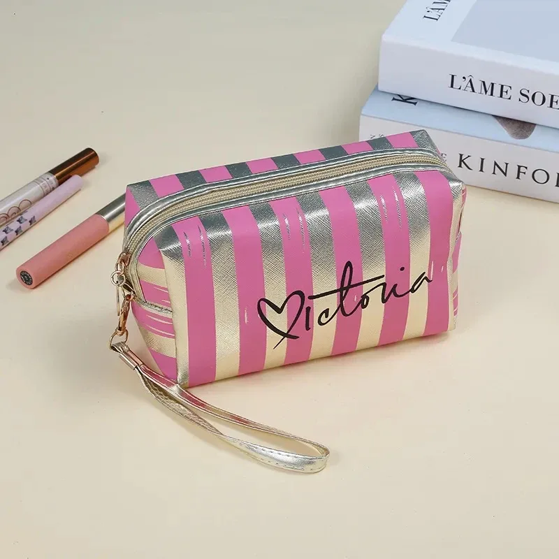 trousse de maquillage rayée portable et tendance pour femme – style coréen doux et cool, personnalisée et imperméable