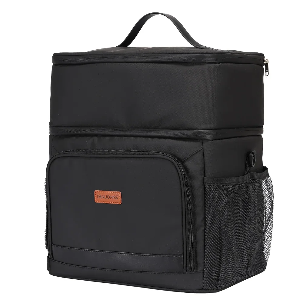 Sac Dos Polyester Noir Isolement Compartiments Poche Latérale Poignée Supérieure Sacoche Voyage Fruits Boissons