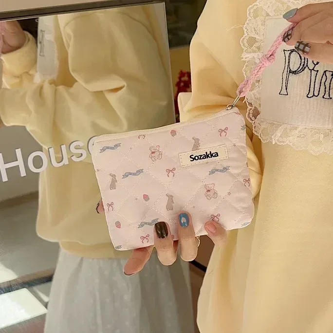 sac de maquillage en coton doux à motif floral, fermeture éclair, rangement pour rouge à lèvres, nœuds, sac cosmétique, trousse de toilette, pochette multifonctionnelle, porte-monnaie
