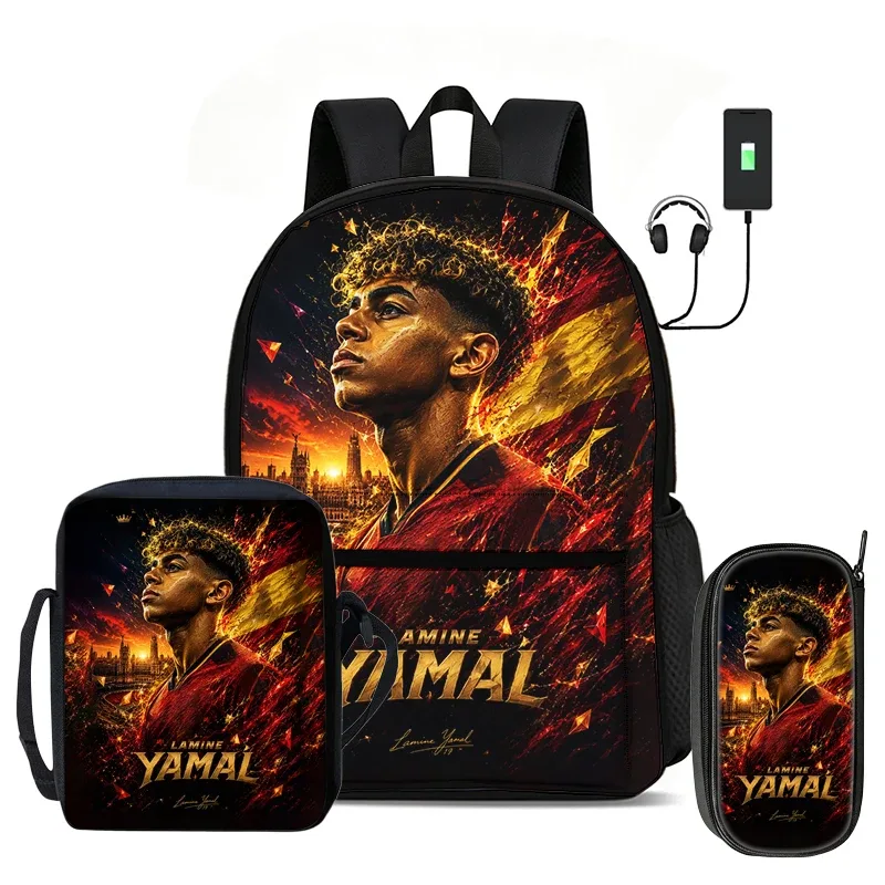 l-lamin yamal ensemble de 3 pièces : sac à dos, sac à bandoulière, trousse à crayons, sac à dos de sport pour enfants, motif star de football