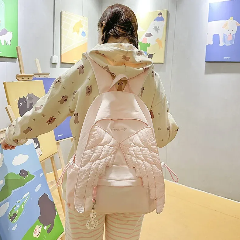 sac à dos aile d'ange y2k en toile, grande capacité, sac d'école, sac de voyage kawaii, léger, couleur unie. ﻿