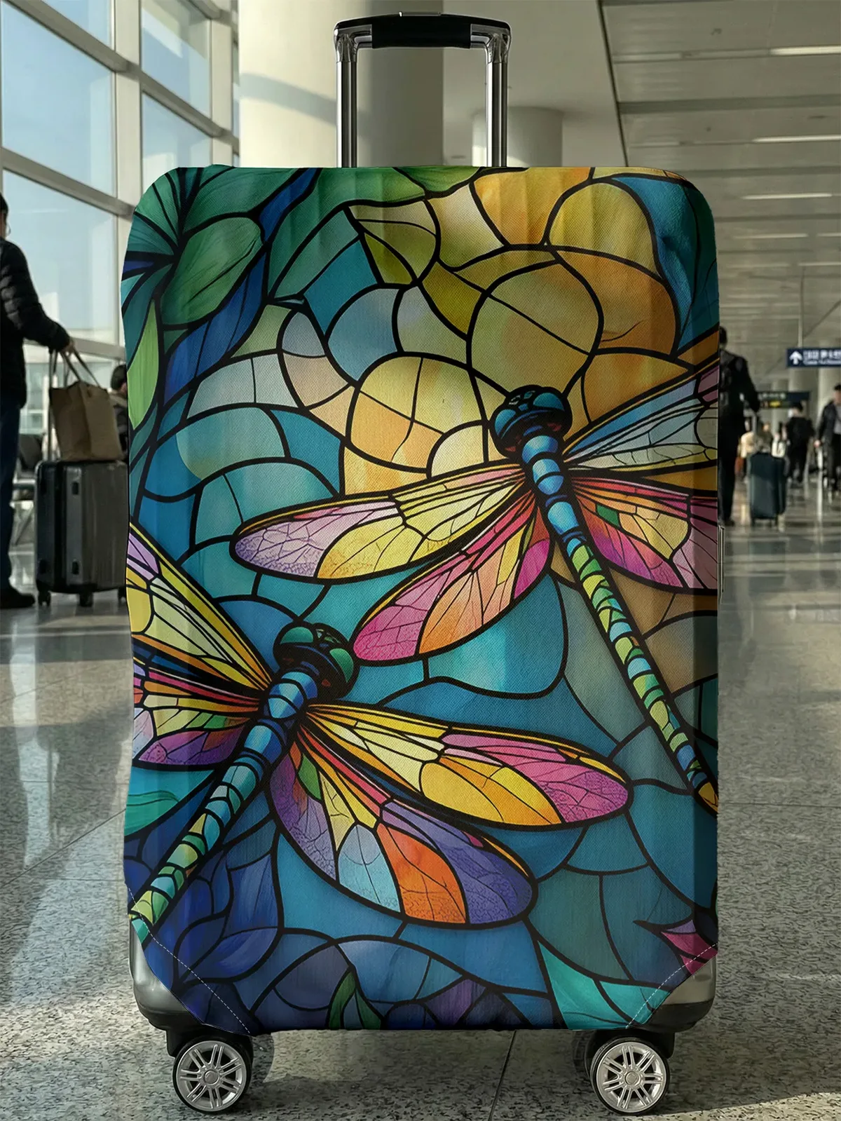 housse de bagage motif libellule style vitrail, convient aux bagages de 18 à 32 pouces, protège-poignée de bagage, accessoires de voyage