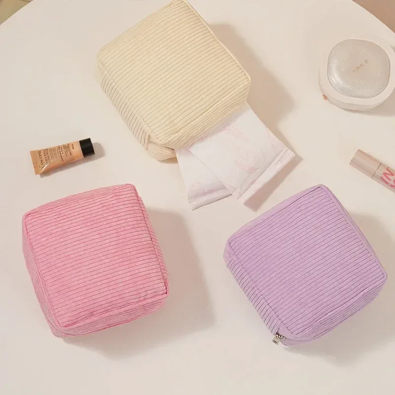 sac de maquillage mignon en velours côtelé pour femmes, petit sac de voyage portable, sacs cosmétiques de couleur unie, sac de toilette à fermeture éclair, pochette de rangement