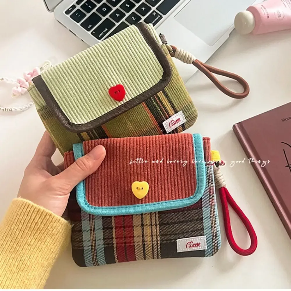 mini sac à cosmétiques de grande capacité, sac de rangement pour serviettes hygiéniques en tissu de coton et velours côtelé, sac pour petits articles, sac de maquillage, sac à main à motif de grille
