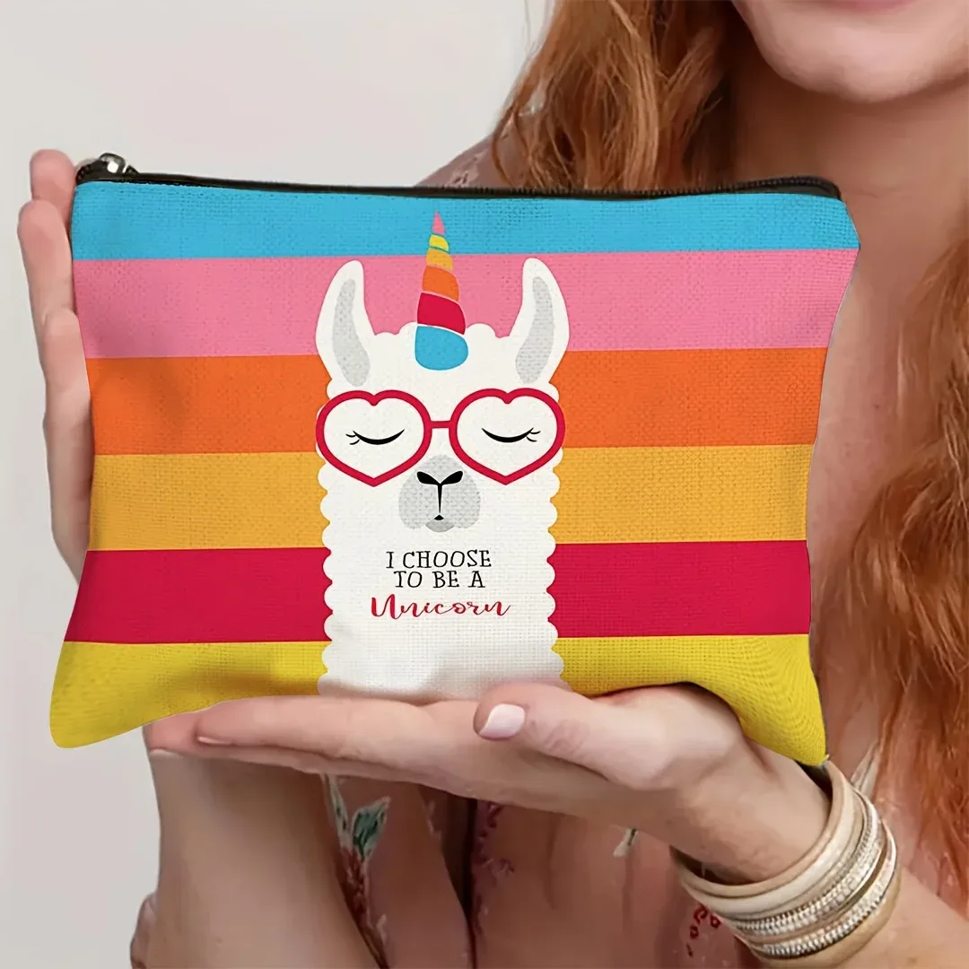 trousse de maquillage à imprimé animal fantaisiste, 1 pièce, organisateur de cosmétiques de voyage de grande capacité avec fermeture à glissière, lama et designs mignons