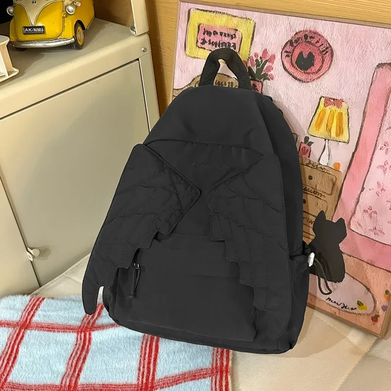 sac à dos élégant aile d'ange, sac d'école doux, sac de voyage maxi léger en nylon simple, sac à bandoulière coréen à fermeture éclair, fourre-tout décontracté