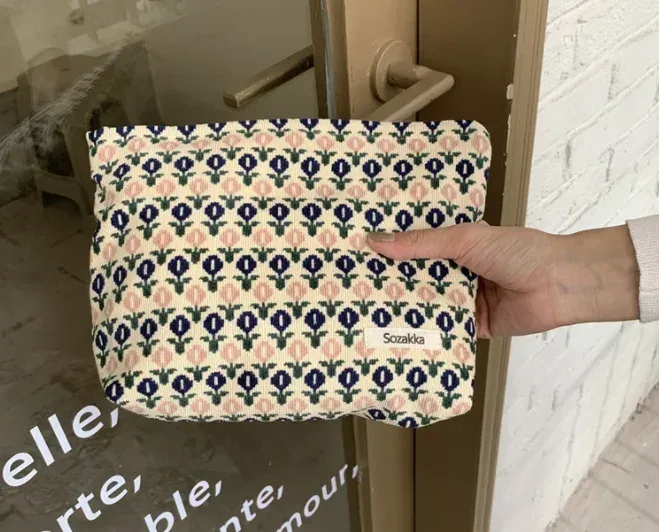 sac à cosmétiques brodé en velours côtelé, pochette, grands sacs de rangement de maquillage, pochette à cosmétiques coréenne pour femmes, trousse de toilette mignonne et de beauté