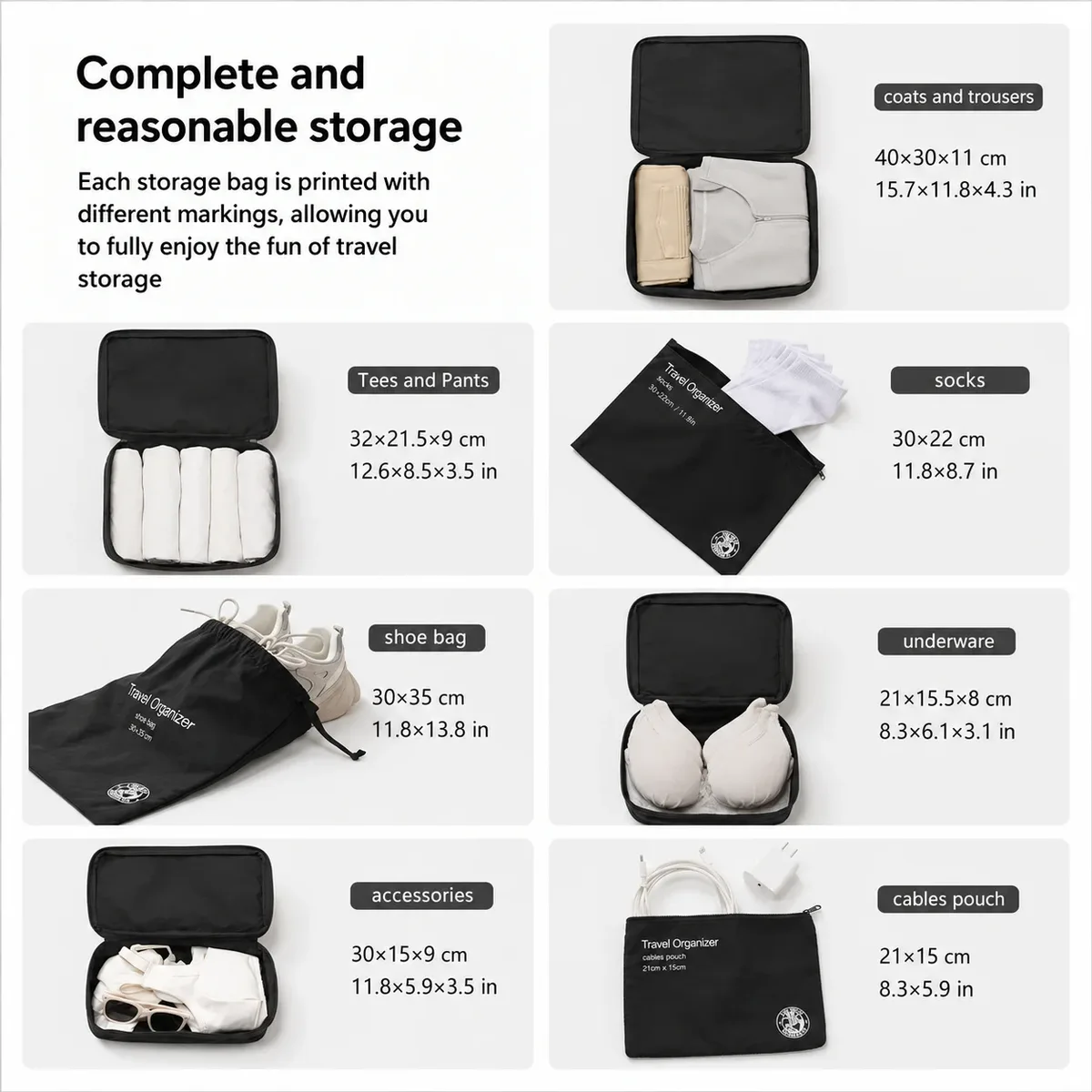 organisateur voyage sac rangement nylon noir géométrique seven pièces usage transport vêtements accessoires compression